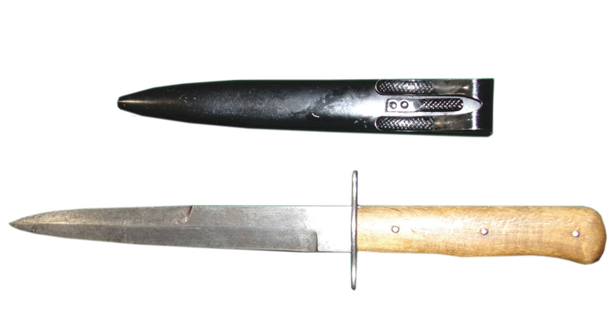 An earlier Luftwaffe boot knife marked with a “5” under an eagle. The well-used blade points to heavy field use earlier in the war.