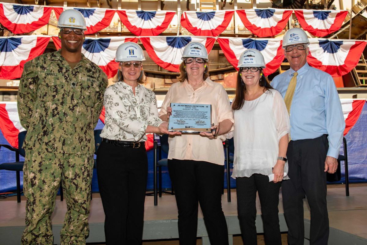 The ship’s co-sponsors and daughters of the namesake, Madeleine Denton Doak and Mary Denton Lewis, were in attendance and joined Ingalls shipbuilders in welding their initials onto a steel plate, signifying the keel of DDG 129 as being “truly and fairly laid.” The plate will remain affixed to the ship throughout its lifetime.