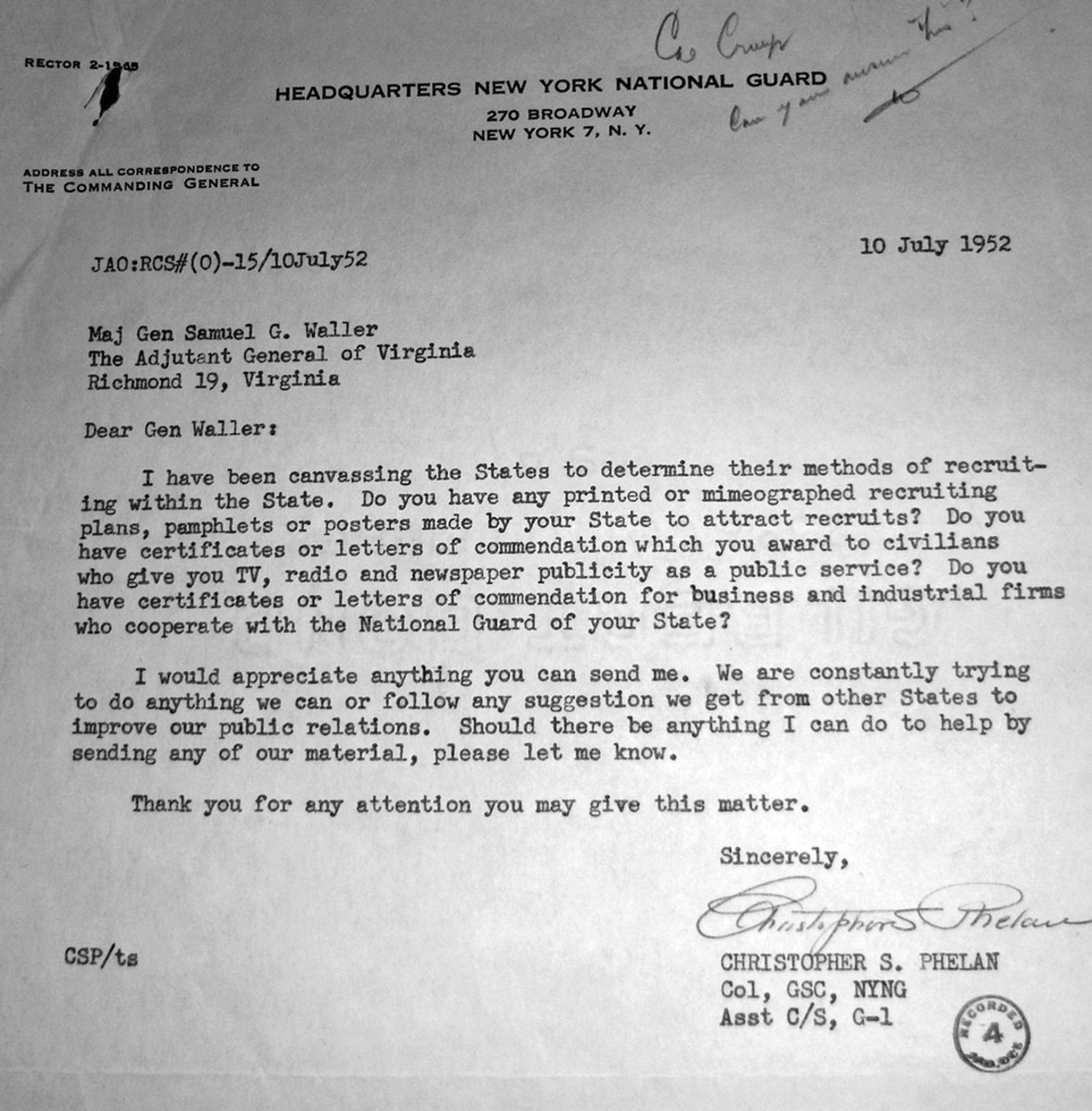 Proof that recruiting for the National Guard during the early 1950s was a challenge everywhere; this letter from the archives was written to the Adjutant General of Virginia from the Headquarters of the New York National Guard looking to share recruiting techniques and materials. General Waller’s later response; we’ll share all we have with you but we are struggling also.