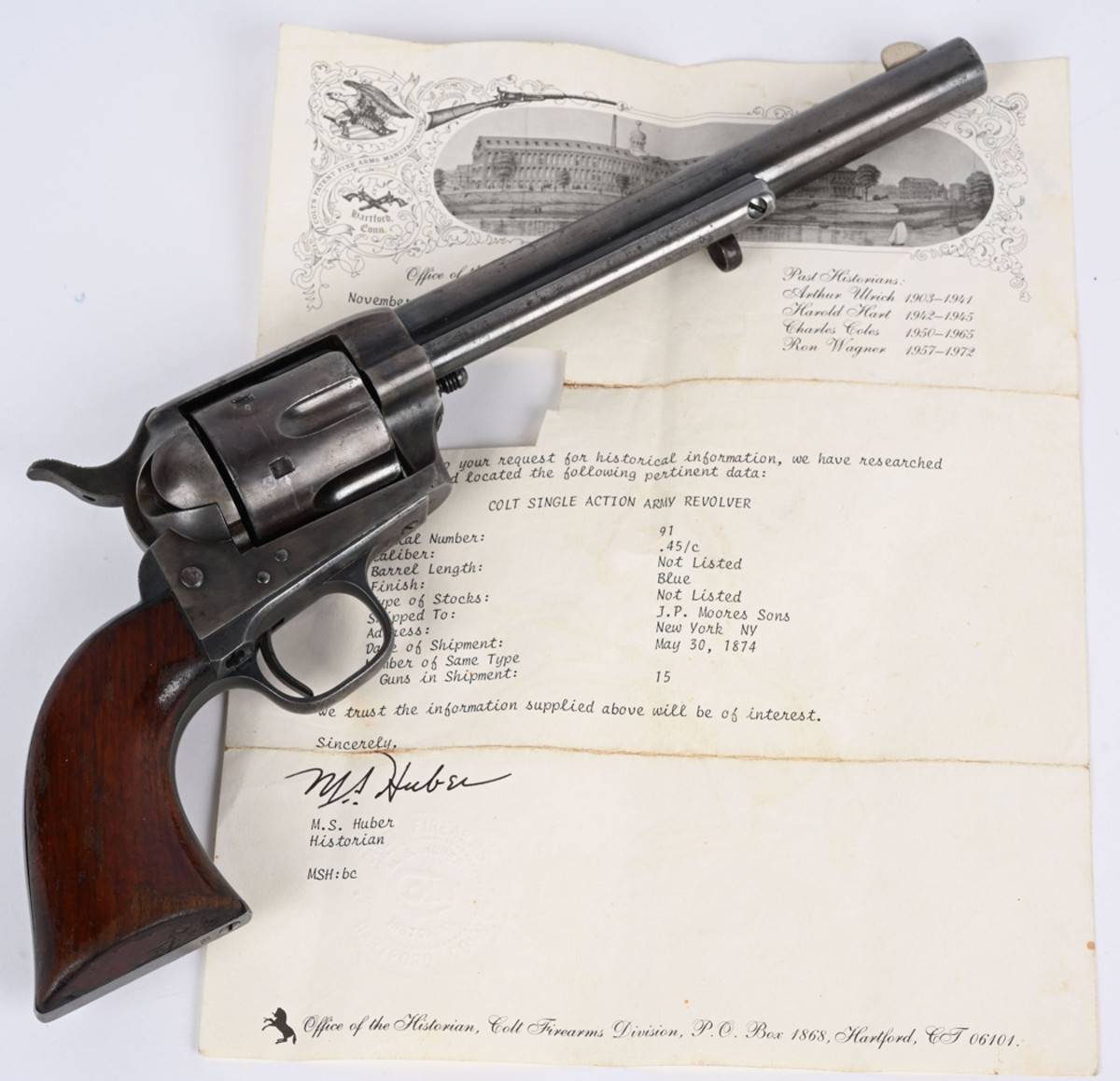Colt pinched-frame .45-caliber Single-Action Army Revolver manufactured in 1874 and one of a shipment of 15 guns sent to J.P. Moores & Sons (NYC) that year. Accompanied by 1985 letter of documentation from Colt factory historian. NRA Silver Medal winner in 1989.