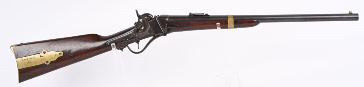 Fine presentation Sharps 1853 carbine with patch box elegantly engraved ‘J.W. CAMPION GOD AND OUR COUNTRY 81 PENNA VOLLS,’ referring to the courageous 81st Pennsylvania Infantry, which was attached to Howard’s Brigade and fought in many famous Civil War battles, including Gettysburg, Antietam, Fredericksburg and Chancellorsville. Campion was a wealthy supporter of the 81st who even purchased their bulletproof vests. Historically significant firearm.