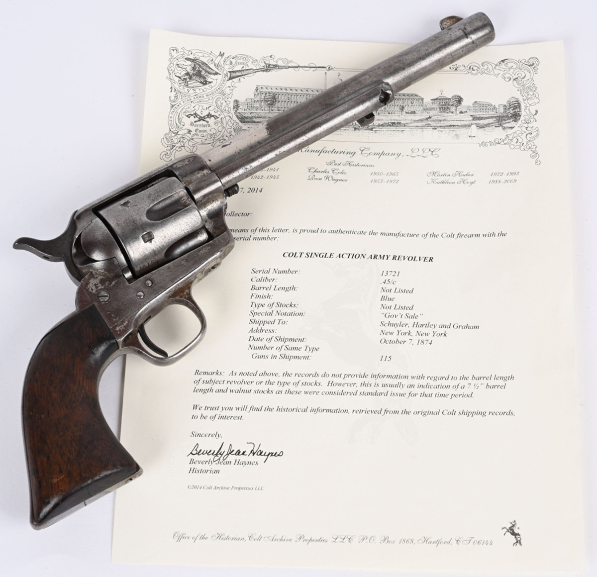 Rare Colt .45 Single-Action U.S. Cavalry Army Revolver manufactured in 1874, serial number 91, one of a shipment of 115 guns sent to Schuyler, Hartley and Graham (NYC) that year. Accompanied by 2014 letter of documentation from Colt factory historian with the notation ‘Gov’t Sale,’ suggesting it may have been a contract overrun or buy back (rejected gun).