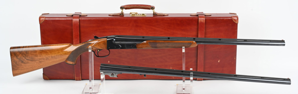 Winchester Model 21 with two-barrel rifle/shotgun set 28GA and 20GA. Manufactured in 1950 and accompanied by factory letter confirmed the set was a salesman’s sample. Near-new condition with barrels retaining more than 98% finish. Bright bores and excellent stocks. Comes with case and accessories. Only documented saleman’s sample Model 21 ever seen by Milestone’s experts.