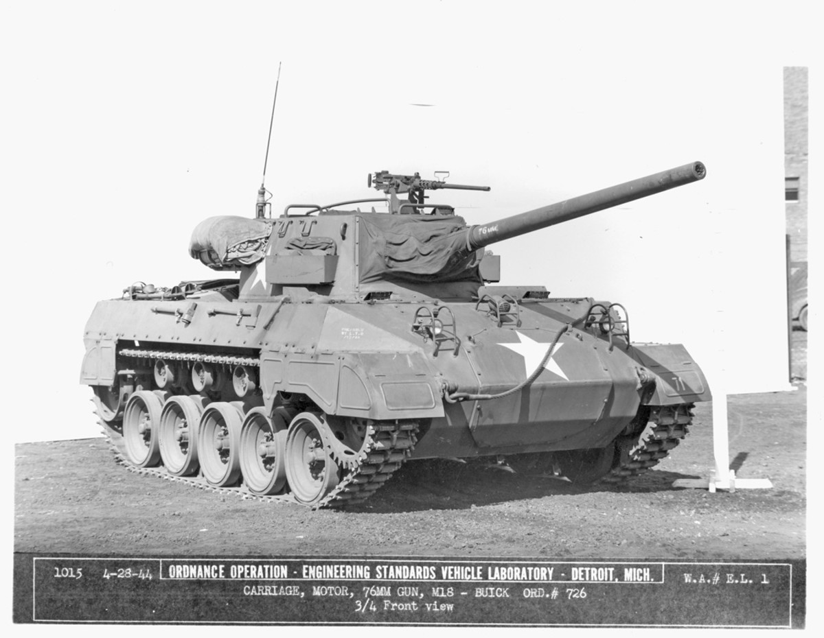 The 76 mm GMC T70 was standardized as the 76 mm GMC M18 in March 1944. This example, serial number 726, was photographed during evaluations by the Ordnance Operation, Engineering Standards Vehicle Laboratory, Detroit, on April 28, 1944. It is equipped with a partial sand shield; shields to span between the forward and rear skirt sections were not used. The main weapon is the 76 mm Gun M1A1, which lacked provisions for a muzzle brake.