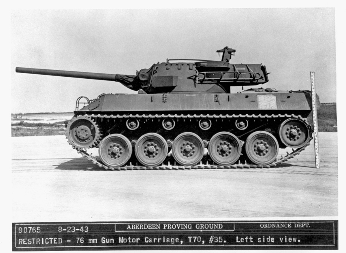 On Aug. 23, 1943, 76mm GMC T70, serial number 35, was photographed at Aberdeen Proving Ground. This vehicle differs little from pilot number 3, shown earlier, except the bulge on the left side of the turret has been eliminated. Mounting the cannon at a slight angle and moving it several inches to the right freed up more space on the right side of the turret, eliminating the need for  the bulge.