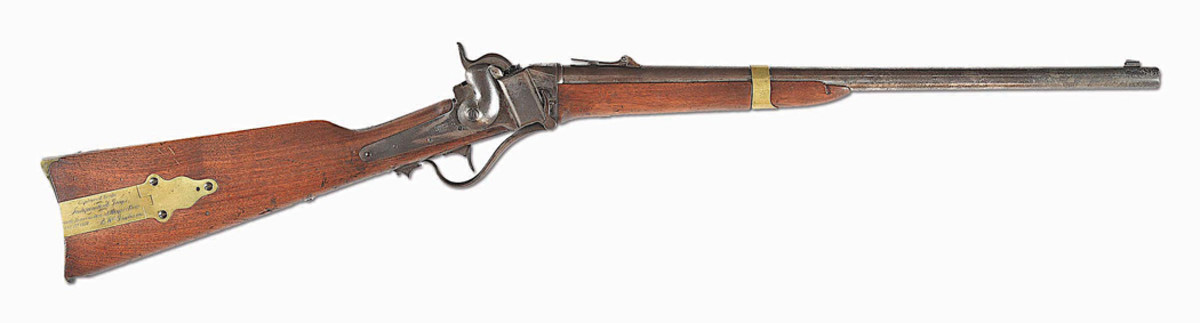 World-class Sharps Model 1853 single-shot slant-breech carbine taken from John Brown’s arsenal by the Independent Greys at the raid on Harpers Ferry, one of the most significant events leading up to the Civil War. Carbine displays beautiful inscription on patchbox: ‘Captured by the / Independent Greys/ At the Insurrection at Harpers Ferry / Oct. 18th 1859/ R. Wm. Grahame.’