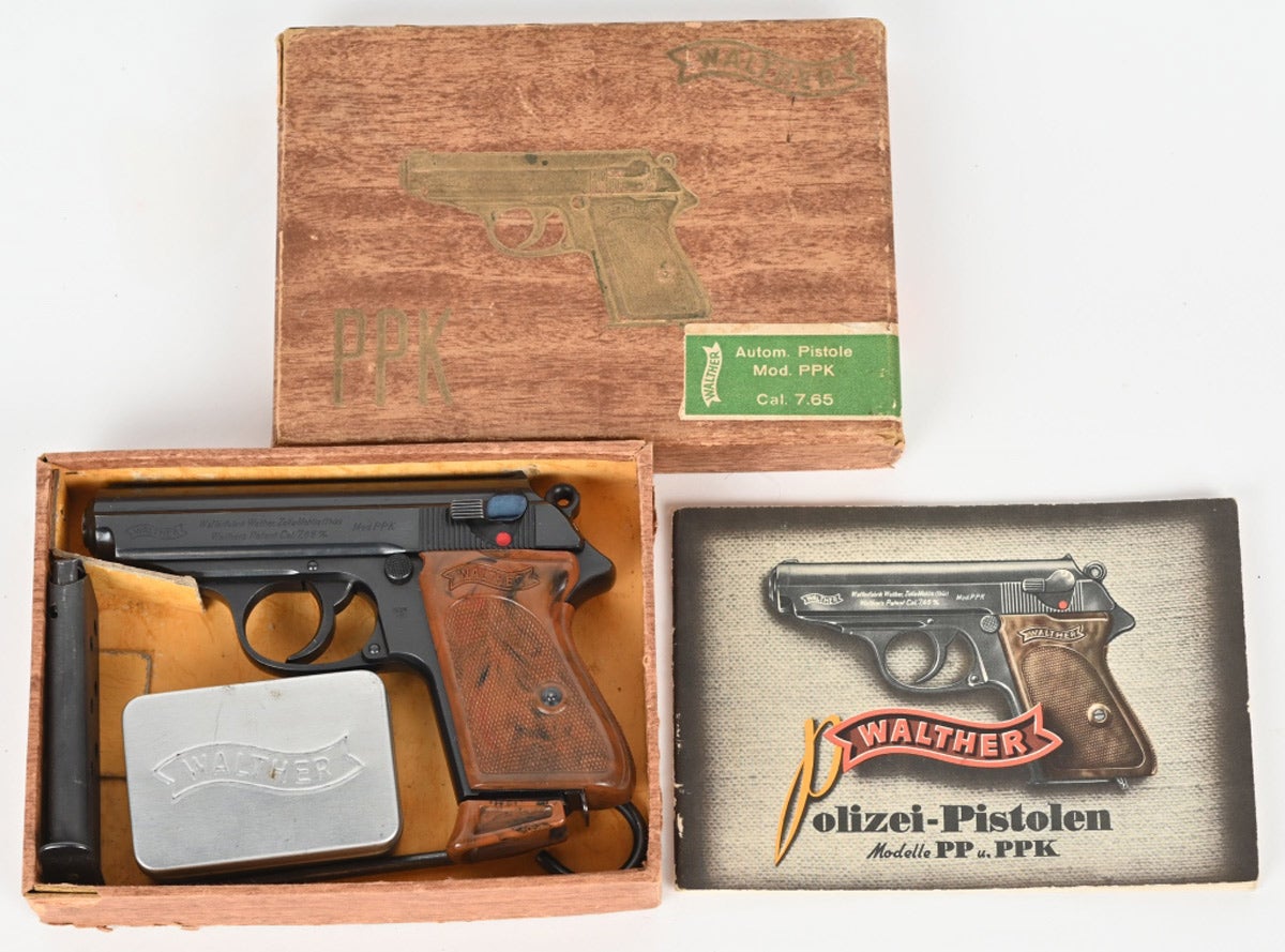 Walther PPK 32 ACP caliber Police Model pistol manufactured late 1940. ‘Walther’ and two-line address with caliber ‘Mod PPK’ on left side of slide. Eagle over Swastika C mark on left side of frame. Accompanied by correct serial-numbered factory box, manual and cleaning kit. Sold above high estimate for $6,600