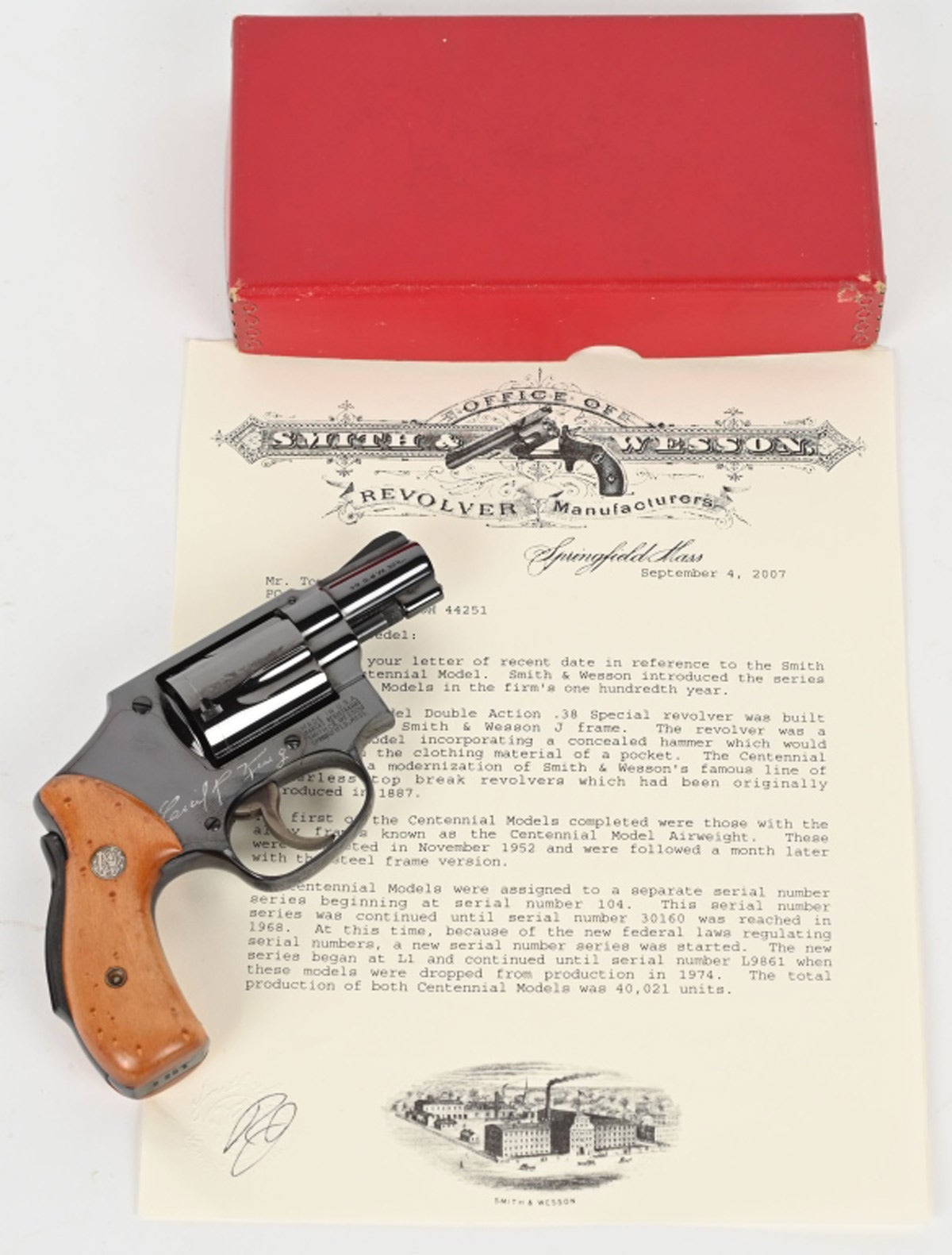 Smith & Wesson Pre-Model 40 .38 Special revolver known as a ‘Centennial Model’ due to its having been introduced in 1953, the manufacturer’s 100th year. Custom ordered and engraved with the name ‘Cecil R. King,’ 14-term Member of the US House of Representatives from California’s 17th District. Accompanied by excellent factory box and S&W factory letter. Sold above high estimate for $4,797