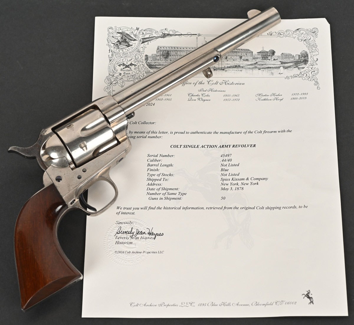 Near-mint Colt Frontier Six-Shooter Revolver, .44-40 WCF, manufactured in 1878. Nickel-plated with one-piece walnut grips. Per included Colt Archive letter, gun shipped in March 1878 to Spies Kissam & Co., a New York firm that would apply nickel directly over the blued Colt factory finish. Excellent overall, nearly 100% bright, retaining original Spies Kissam nickel. Near-mint original panel etched ‘Colt Frontier Six Shooter.’ Serial numbers in proper locations, including cylinder. Sold within its estimate range for $14,400