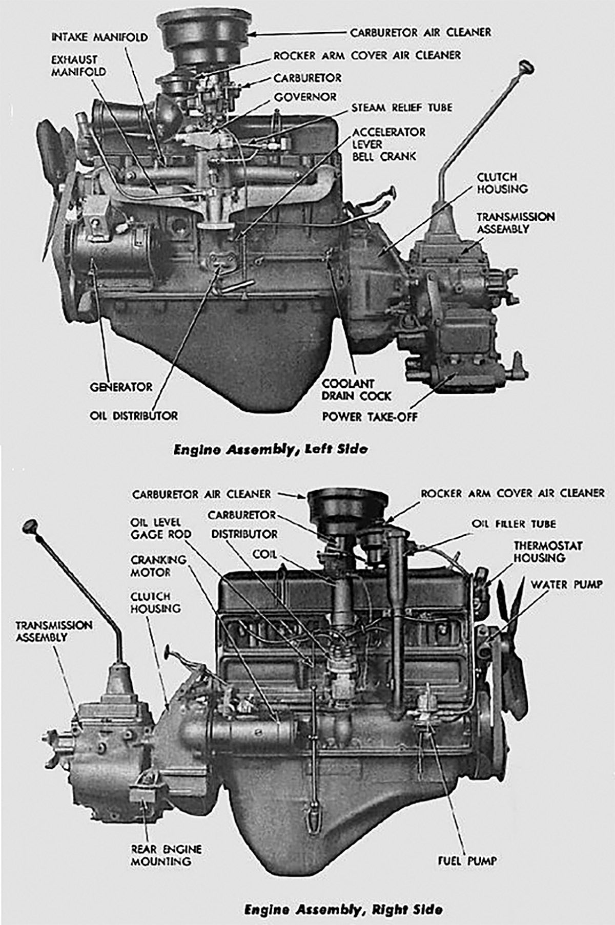 Most models were powered by the rugged and dependable Chevy 235-cid six-cylinder inline OHV engine rated for 83-hp at 3100 RPM, and had four-speed non-syncromesh (spur gear) transmissions – often called crash or crunch boxes — this example fitted with a PTO, probably for a front-mounted winch. The 235 engine is legendary for its ruggedness and dependability, and was used in Chevrolet civilian cars and trucks up into the 1960s