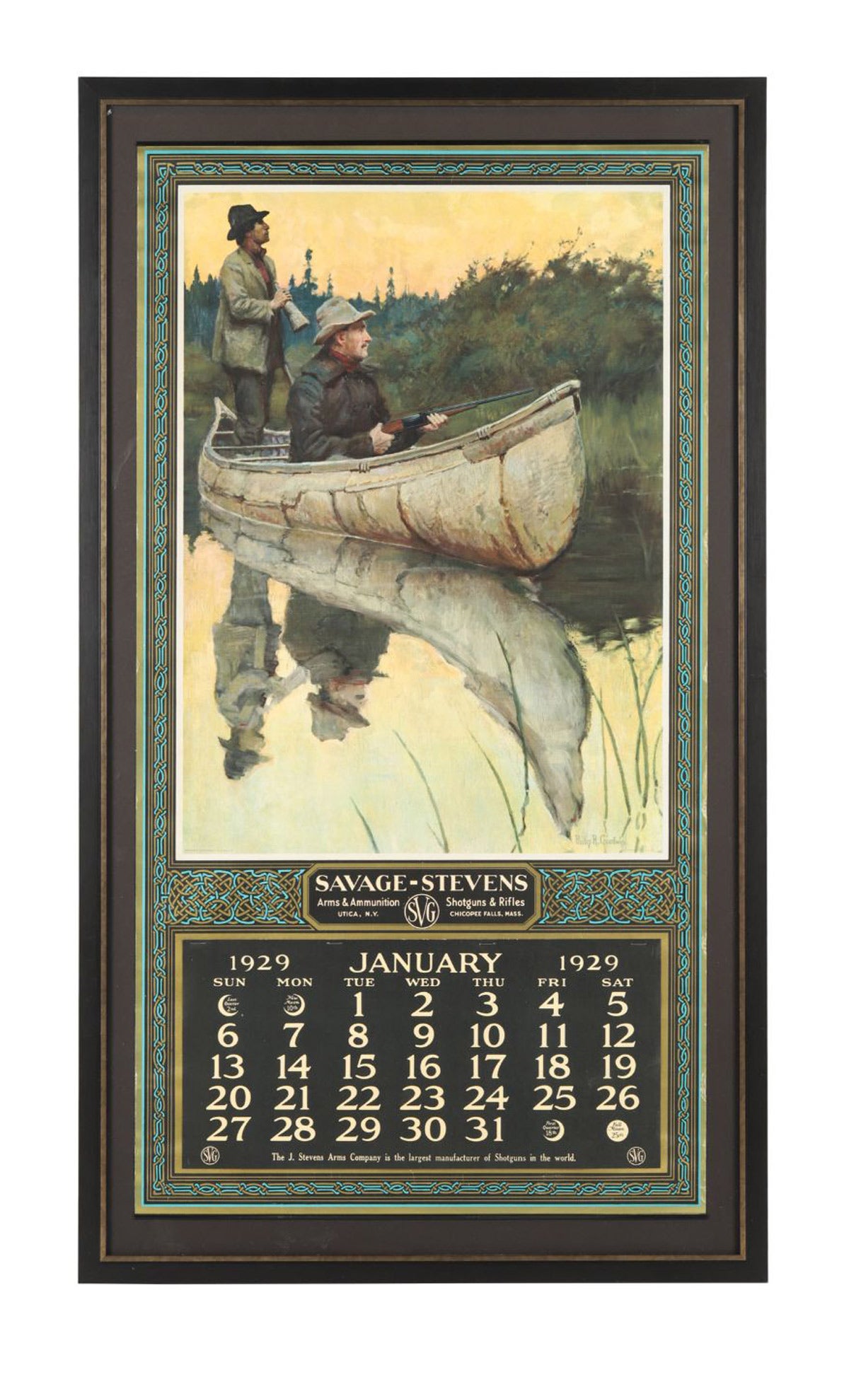 1929 Savage-Stevens Arms Companies calendar featuring artwork by Philip R. Goodwin, titled Calling Big Game, depicting a hunter with his Model 9 rifle (CA$12,980).