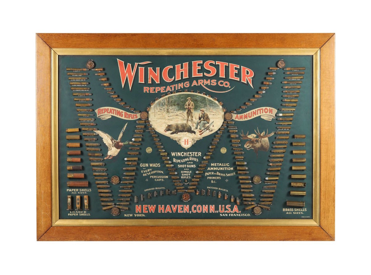 American circa 1897 Winchester Double “W” cartridge display board No. 291 in an oak frame, 40 inches by 57 ½ inches, in very good condition with strong colors (CA$79,650).