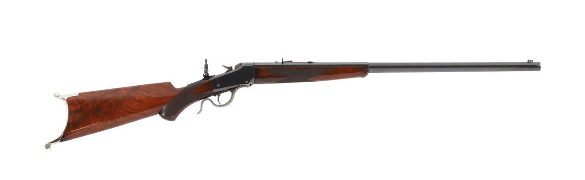 Circa 1902 Deluxe Winchester model 1885 low wall sporting rifle, in .22 RF short caliber with No. 2 weight, a 26-inch octagonal and round barrel (CA$11,210).