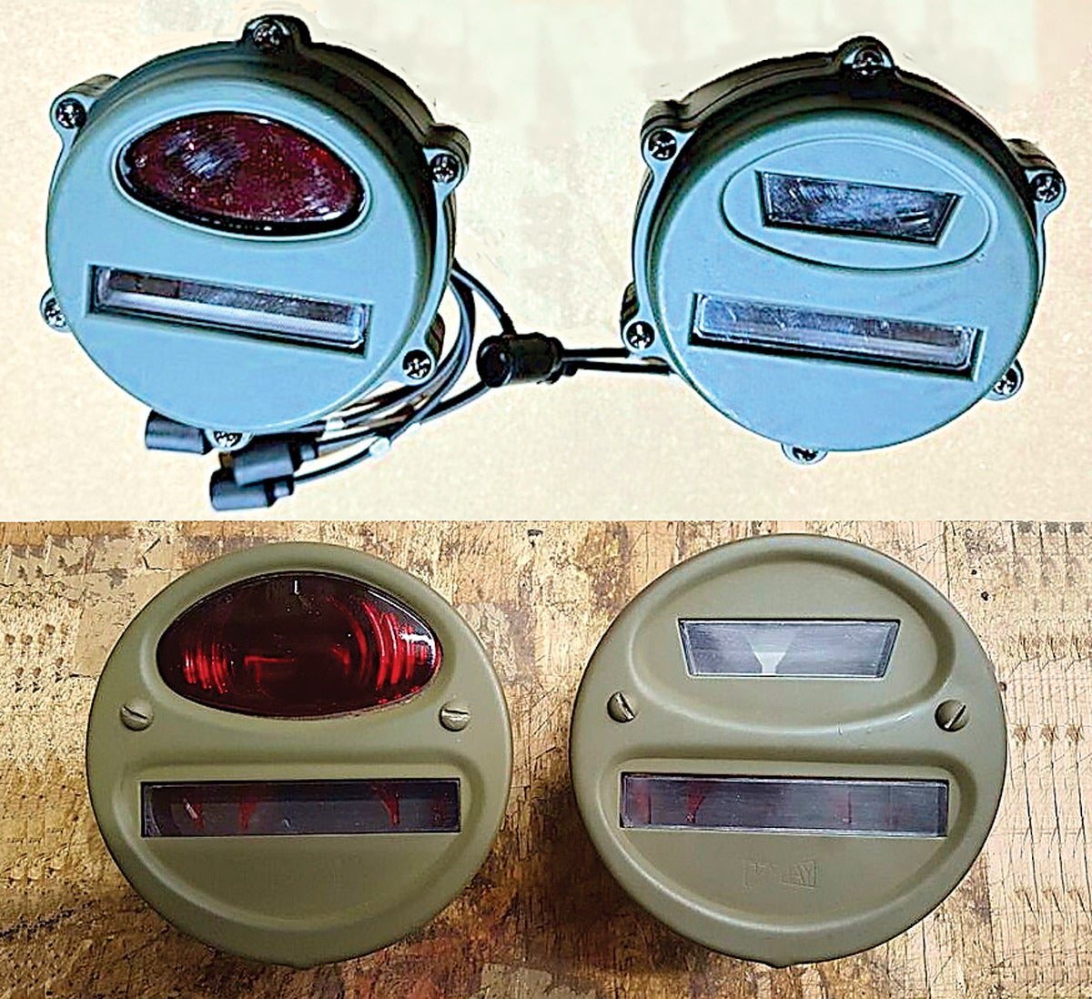 Early M-series lamps (top) though similar in appearance, are easily distinguisable from their World War Two predecessors (bottom) in having aluminum bodies instead of stamped steel, and their lens covers (doors) attached with six screws. Both types are waterproof.