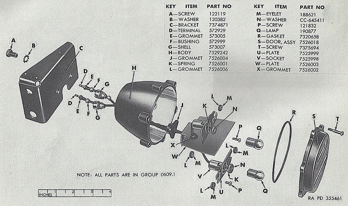 An exploded view of an early M-series lamp. This example is for the right rear of a vehicle and served as a red blackout stop lamp and a red blackout marker. The same two bulb configuration but fitted with a clear oval upper lens and a white marker lens was used as a parking and marker lamp on the front of a vehicle. Note the early type metal wire connectors.