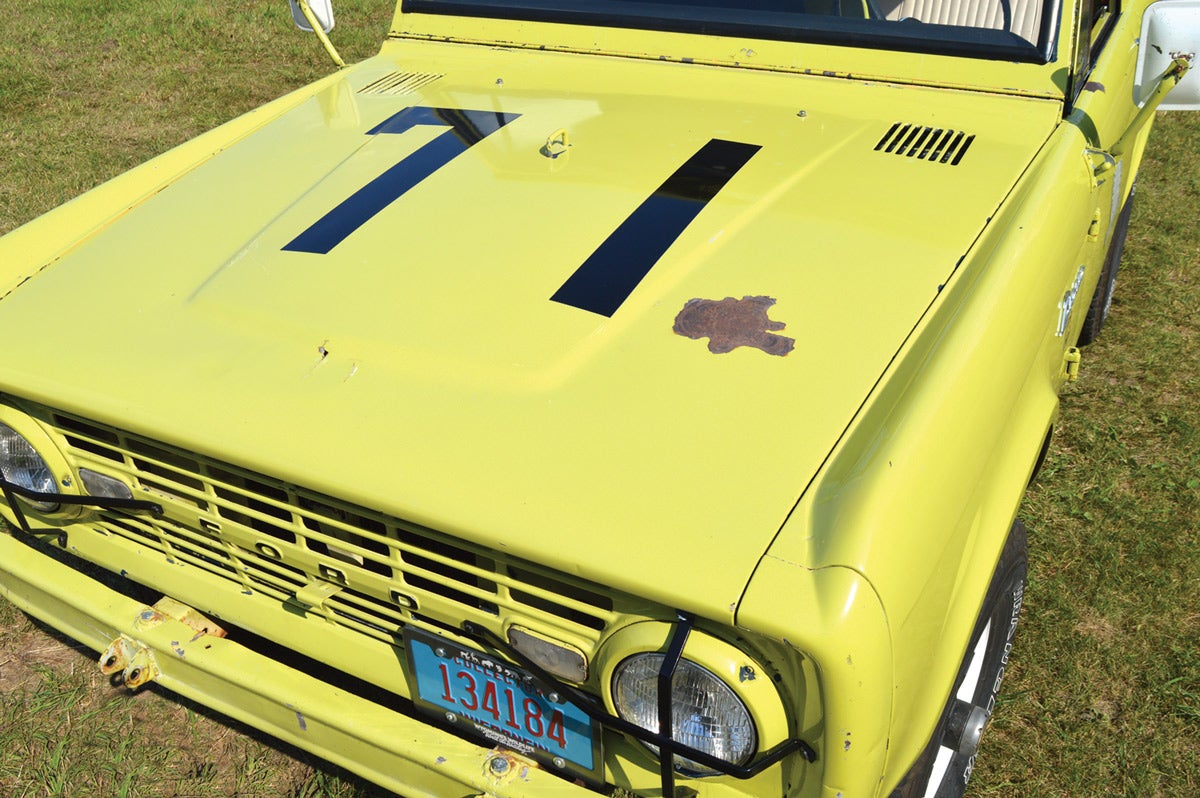 The unit number 71 on the hood helped identify the Bronco from the air while fighting fires. The headlamp guards were a feature from the Bronco’s military days.