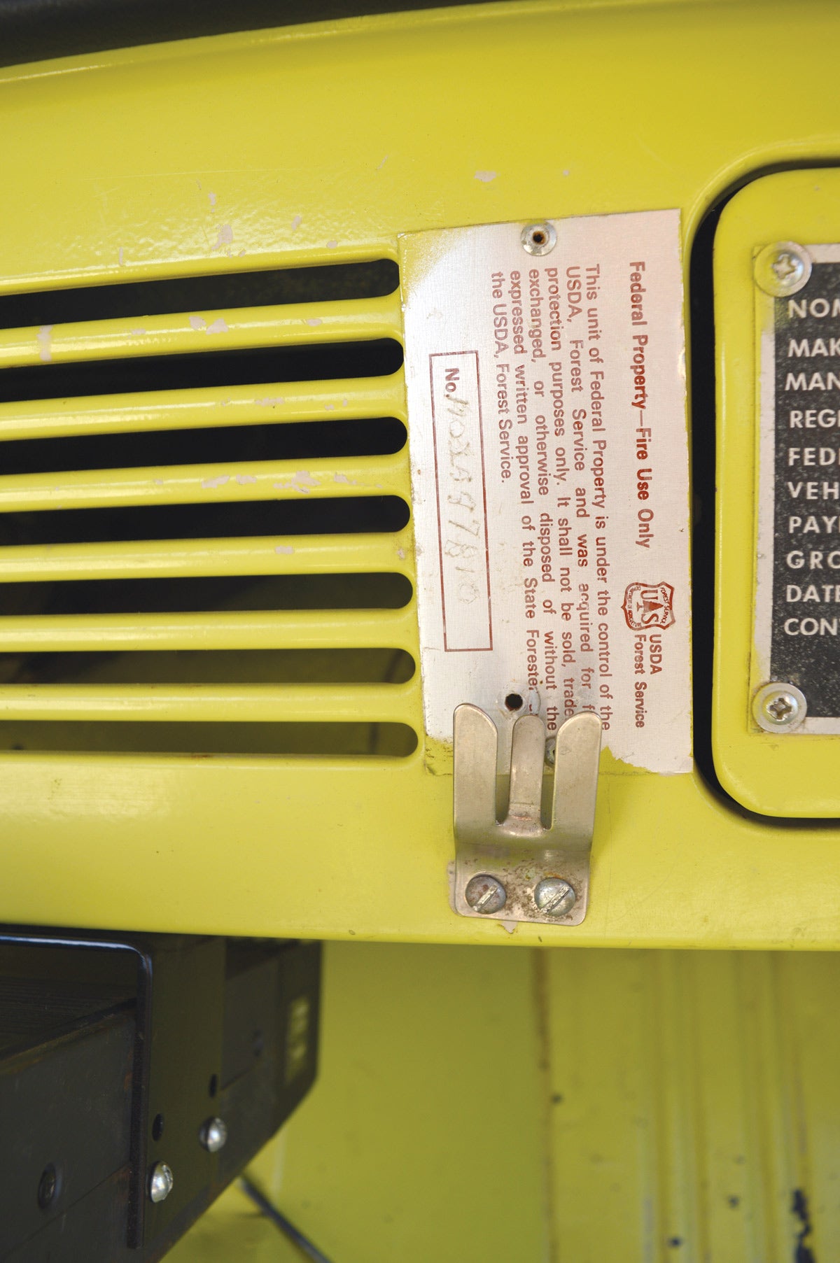 A close-up of the U.S. Forest Service data plate, which Mayer was told is usually removed when a vehicle exits service.