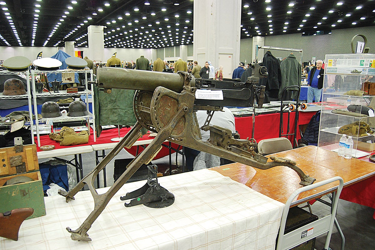 A display German MG-08 Maxim machine gun from the First World War with sled mount. It looked like it came straight from the Western Front.