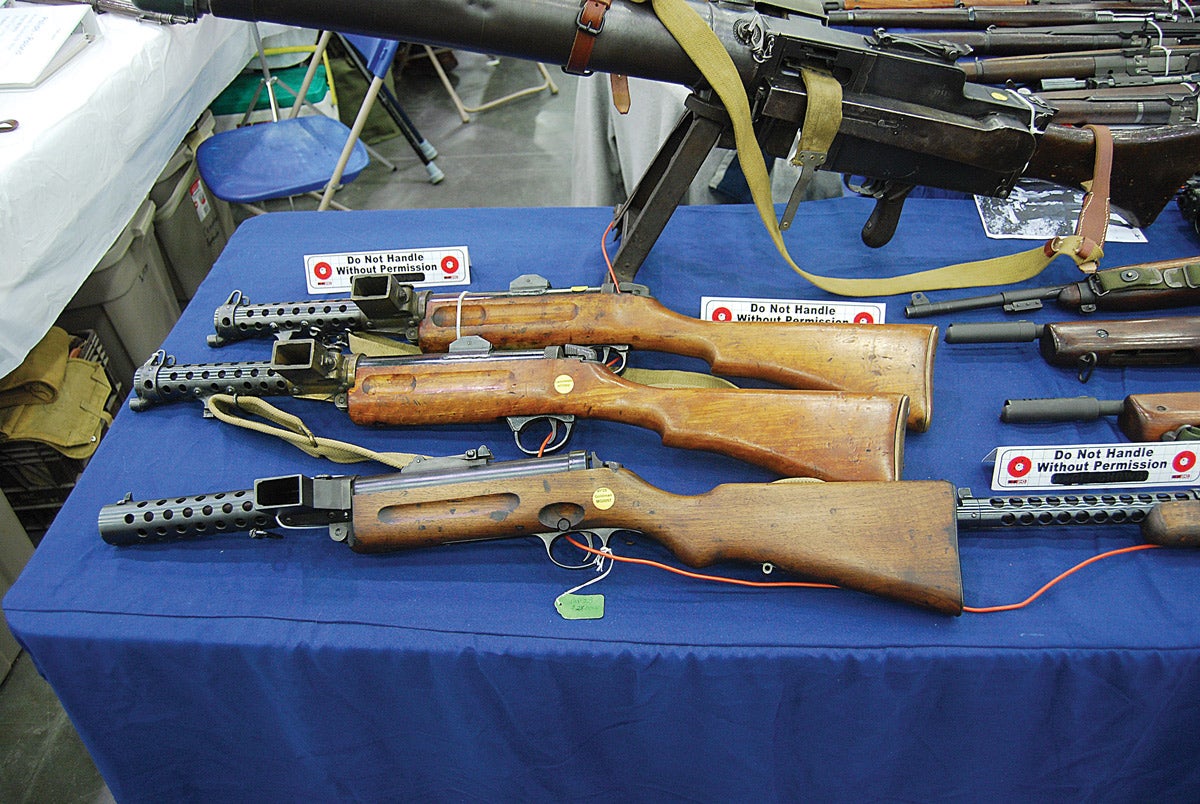 Fully transferrable British and German “cousin” machine guns. The top two are Lanchester SMGs, manufactured by the Sterling Armaments Company between 1941 and 1945 for the RAF and Royal Navy. These were copies of the German-made MP-28 (bottom), an interwar updated version of the MP-18 SMG, which was designed and manufactured by Bergmann Waffenfabrik during World War I.