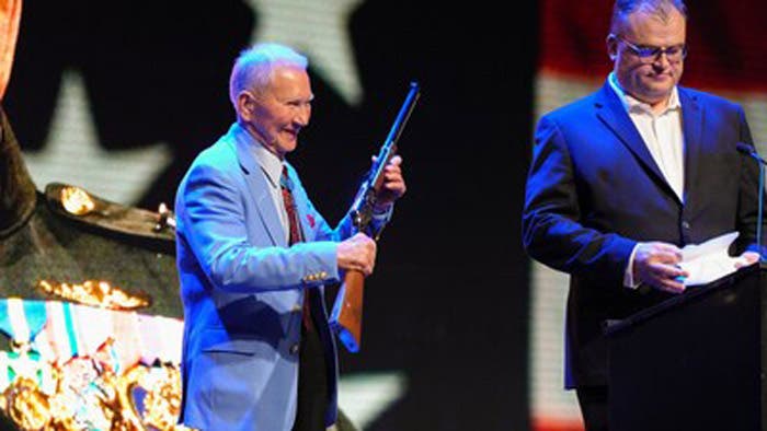 During a patriotic evening at the NRA Foundation Banquet in Atlanta, Georgia, Andy Wickstrom, President of Henry Repeating Arms, presented a Spirit of the Corps 250th Anniversary Tribute Edition rifle to Medal of Honor recipient and Georgia native Maj. Gen. James Livingston, USMC (Ret.). The presentation celebrated both General Livingston's extraordinary career of service and this year's milestone anniversary of the United States Marine Corps.