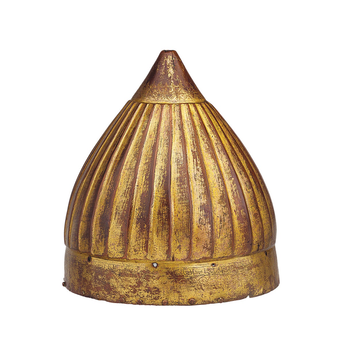There appeared in the 16th century a new type of armor worn by the Ottoman warrior that was unlike any seen elsewhere in the Islamic world: helmets, shields and shaffrons (horse’s head defenses) made entirely of gilt copper — tombak in Turkish.