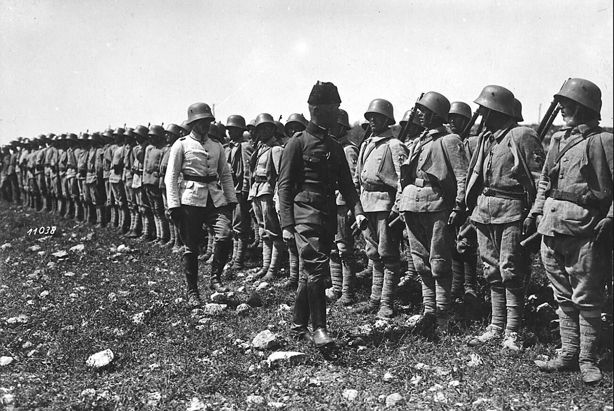 Ottoman soldiers in the Balkans in the First World War; all have been issued with the Model 1918 steel helmet.