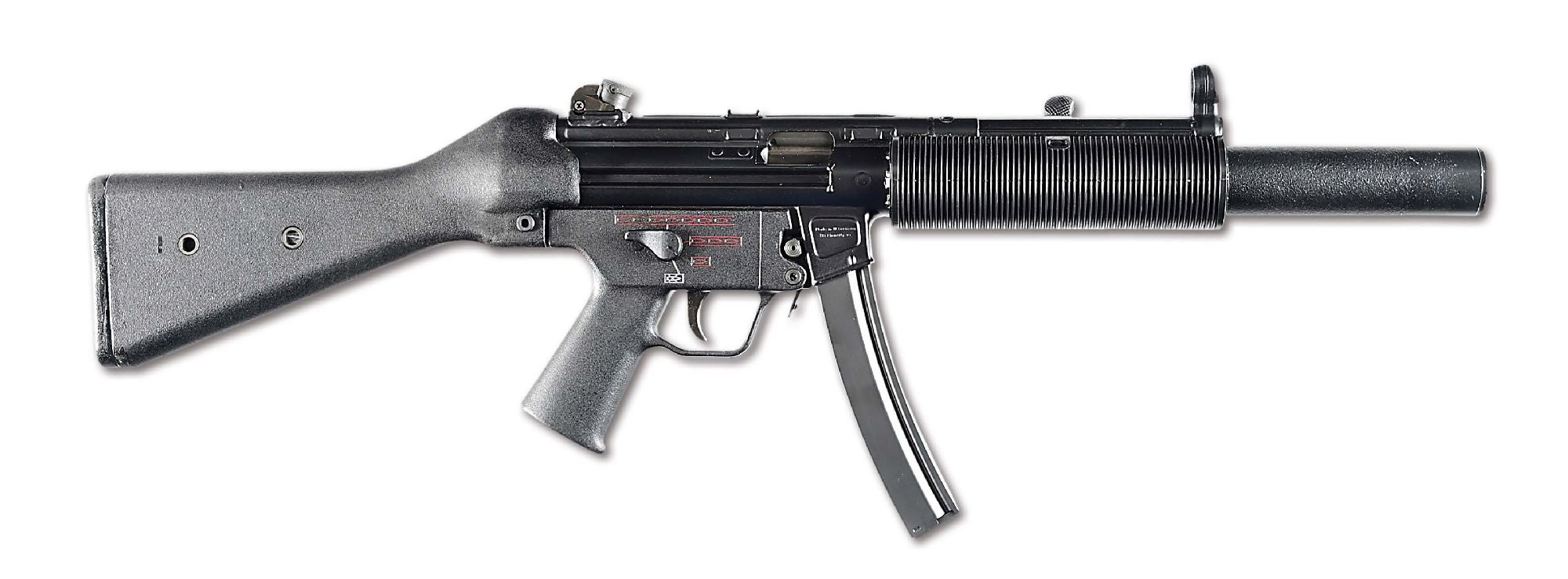 Factory-original Heckler & Koch four-position-selector MP5SD3 machine gun, 9mm Luger caliber, with HK MP5SD silencer. ‘IE’ proof code on top of receiver indicating manufacture in 1984. Marked ‘Made in W. Germany / HK Chantilly, Va.’ On right side of magazine well, and ‘HK MP5 SD’ on top of receiver. Came with official BATF letter identifying the gun and silencer as being unrestricted and fully transferable to individuals. Extremely attractive with crisp mechanics, this sought-after gun rose to $96,000 against an estimate of $40,000-$60,000.