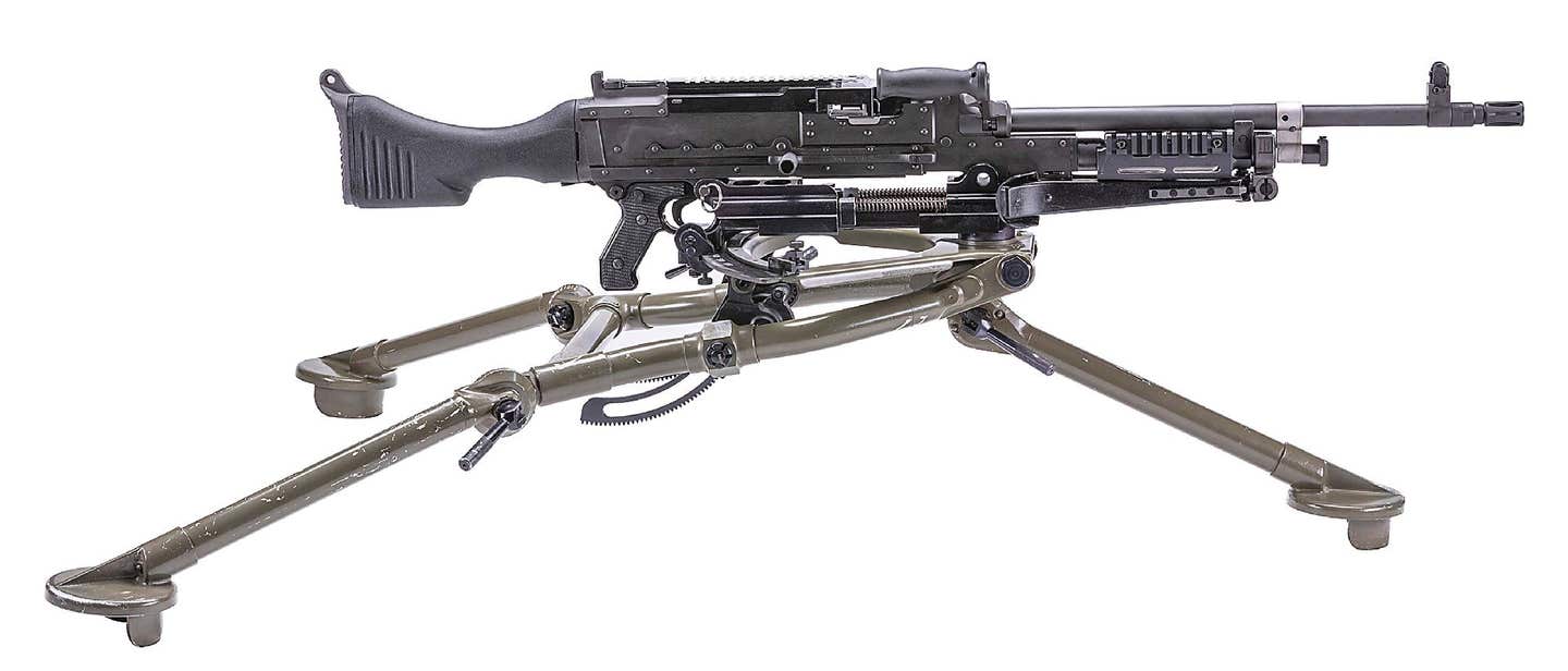 Exceptional Fabrique Nationale (Herstal) U.S. M240B machine gun, .308, one of very few specimens of its type fully transferable to an individual owner. Unfired since leaving factory. Near-mint, boxed. Sold at the midpoint of its estimate range, for $467,400