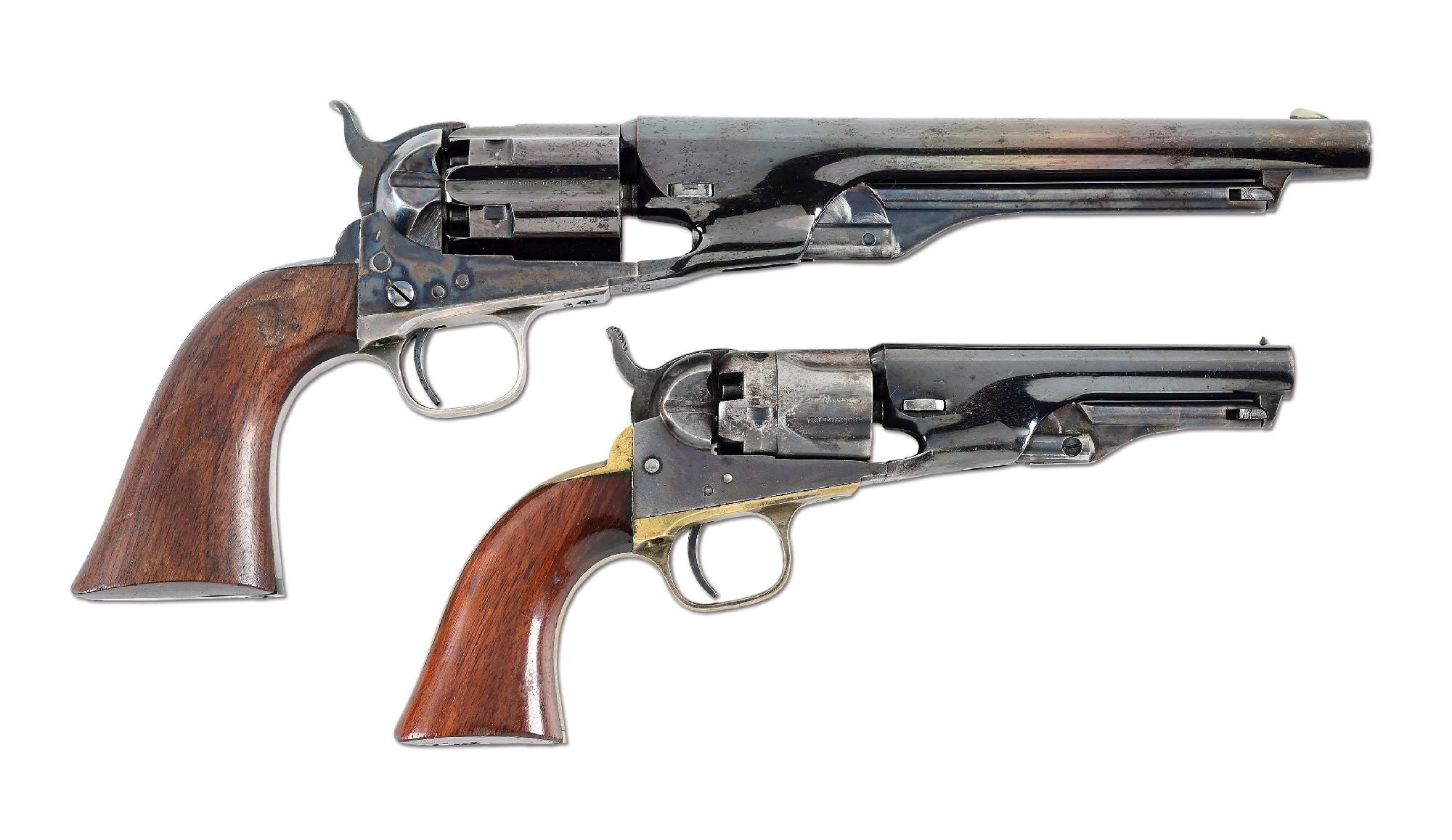 Exceptional cased set of Colts, comprising an 1860 fluted Army Revolver and 1862 Police Revolver. Factory presentation to Col. Henry Craig, US Army Chief of Ordnance. Accompanied by copy of 2019 factory letter confirming shipment on Feb. 25, 1861. With provenance from the Craig family, it sold for $116,850.