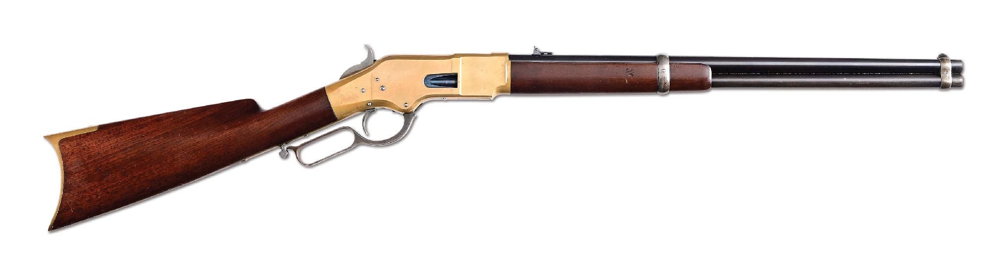 Excellent Winchester Model 1866 Saddle Ring Carbine, third model, manufactured circa 1872, .44 Henry RF. Matching numbers stamped in stock channel and on underside of butt plate. Very fine condition with barrel and magazine tube retaining a great majority of their factory-applied blue. Sold near the top of its estimate range, for $28,800