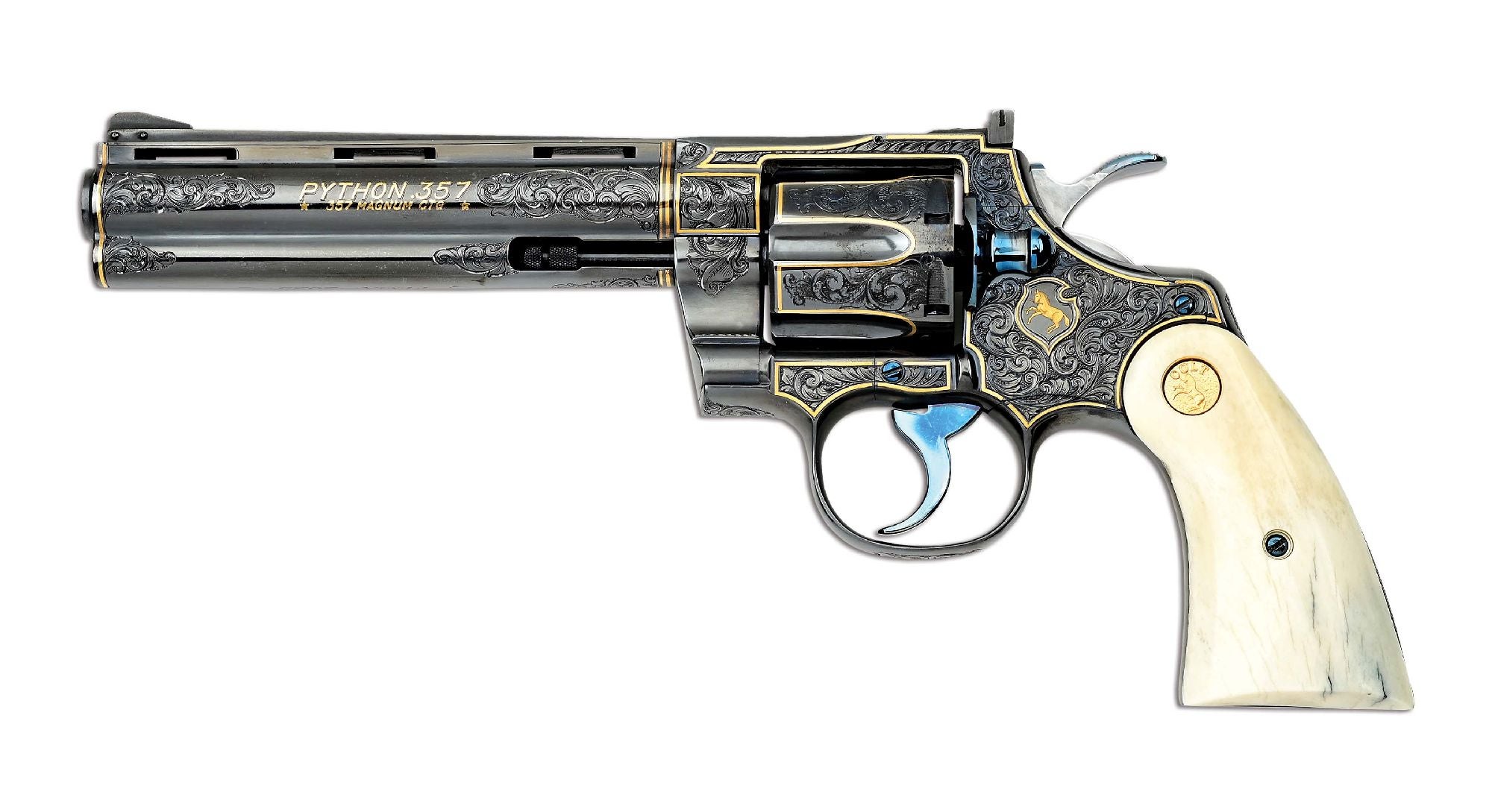 Colt .357 Magnum Python Double Action Revolver showcasing the collaborative work of three of today’s finest active Colt Master Engravers (Mike Dubber, Barry Lee Hands, Brian Powley), with proceeds benefiting the Firearms Engravers Guild of America (FEGA). Meticulously engraved ‘FEGA 2025’ along with superb Rampant Colt to left side of frame. Gold borders and embellishments. Colt cased, with FEGA letter signed by those involved, with additional notation indicating gun was manufactured in 1974. Sold just below its high estimate, for $29,500