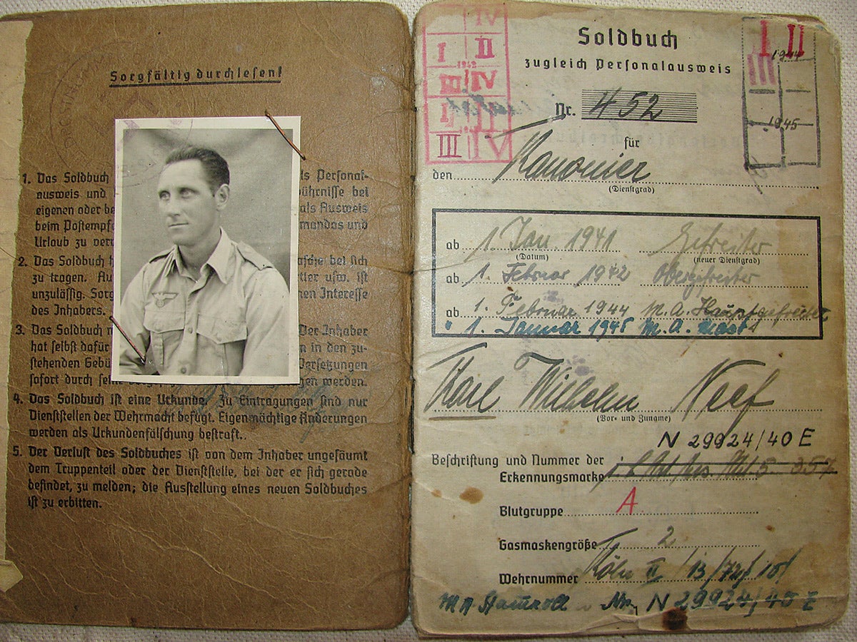 Naval “Kanonier” (artilleryman) Karl Neef had his original Erkennungsmarke number crossed out and changed in his Soldbuch, meaning that he may have lost his original tag and been transferred to a new unit, thereby given a new tag number.