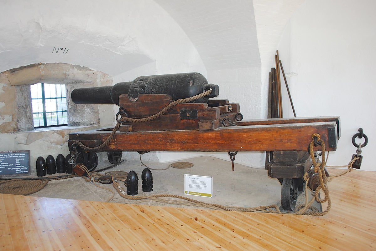 One of the 64-pounder muzzle-loading guns on display — a truly enormous weapon