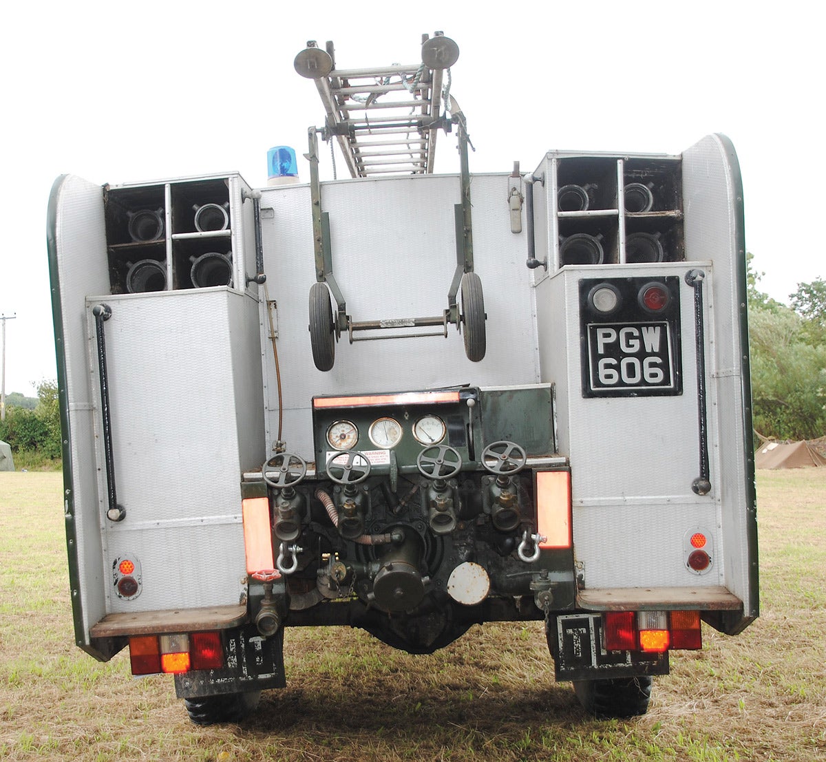The on-board Sigmund pump with the multiple attachment points for different sized hose couplings, including foam and water outlets.