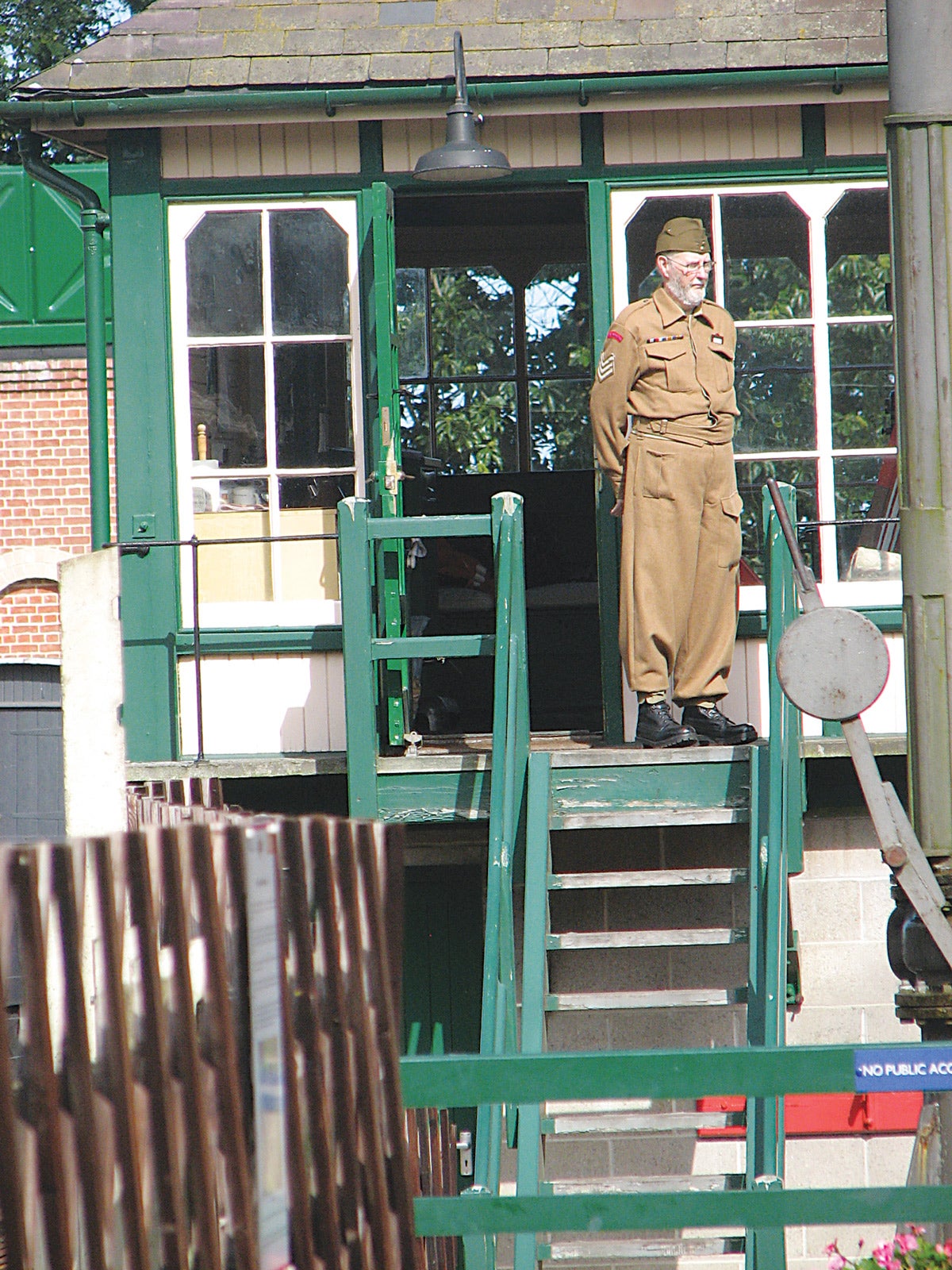 This re-enactor is on duty at a railway signal box.