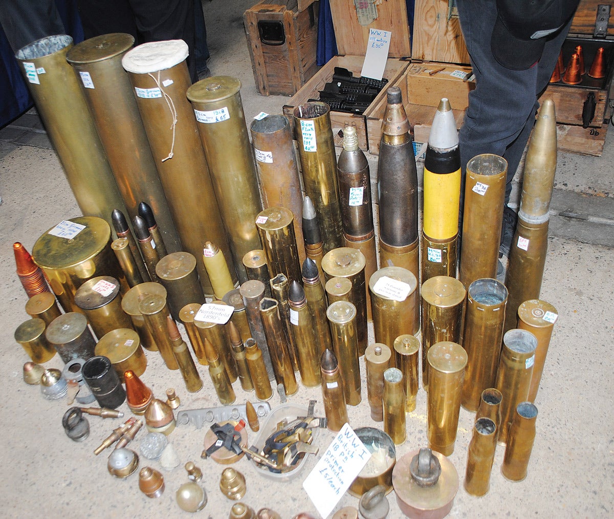 Collectors of ammunition don’t stop at small arms, they also like the heavy stuff, such as these items of artillery shells from both world wars.
