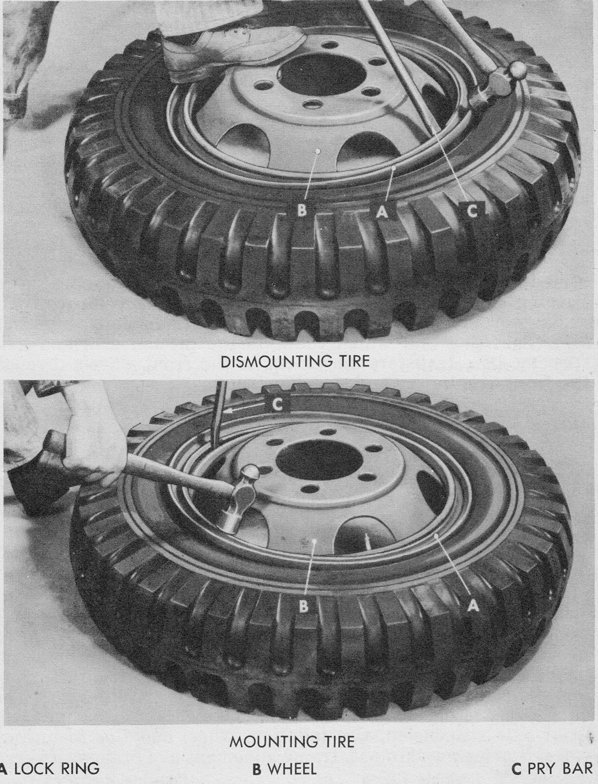 When all has been examined and cleaned, and the tube and flap re-installed in the tire, lay the wheel down with the dome facing up, slather the tire bead --where it goes on the wheel -- with rubber lube or soap and water, and slip it onto the rim, taking care to guide the valve stem into proper position. A wooden block might be handy to raise the wheel off the ground so the tire can be pushed all the way down, leaving room to install the lock ring. 