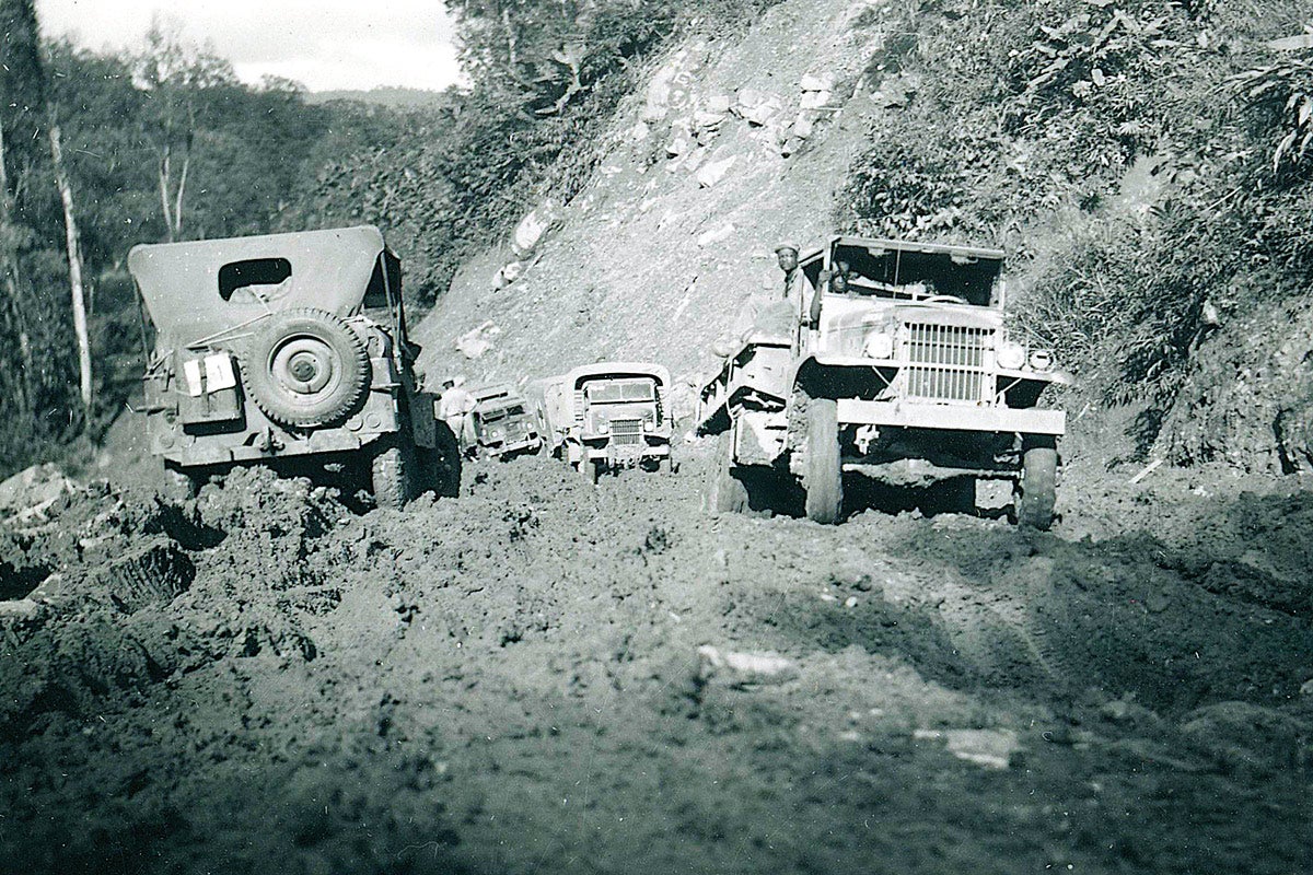 Driving the Burma Road was far from easy even at the best of times and in good weather. This was the kind of terrain the Ford GTB was designed and built for, though it seems doubtful if any were actually used on that route. Note the CMP (Canadian Military Pattern) truck in the background.