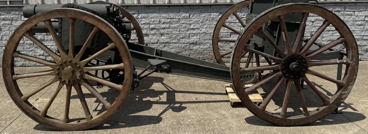 Very rare British WWI-era 3½-inch field howitzer and cannon complete with caisson and limber. Two seats to accommodate gun crew and seat/sight for gunner. Likely saw use in WWI. Manufactured by Royal Gun Factory in 1895 and restored to museum quality. Grooved, rifled barrel stamped ‘RGF 1895’ on top. Impeccable condition, including excellent limber and caisson and near-perfect wheels. Ready for display. No FFL required (not Class 3). 