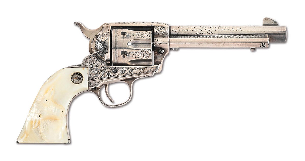Historical silver-plated Colt .45 Single Action Army Revolver presented to Territorial Mounted Policeman Apolonio A. Sena in 1911 by citizens of Las Vegas, N.M., in gratitude for his role in capturing kidnappers of two-year-old boy. Inscribed ‘PRESENTED TO A. A. SENA BY CITZENS OF LAS VEGAS, NEW MEXICO.’ Shipped May 25, 1911 to Simmons Hardware Co., St. Louis, Mo., for Gross-Kelly Company, wholesalers in Las Vegas, N.M., who commissioned the gun. Accompanied by briefcase containing factory letters, copies of relevant newspaper articles, books, etc. Condition: Excellent. Provenance: Ex Charles Schriner, collection of the Y.O. Ranch, Kerrville, Texas.