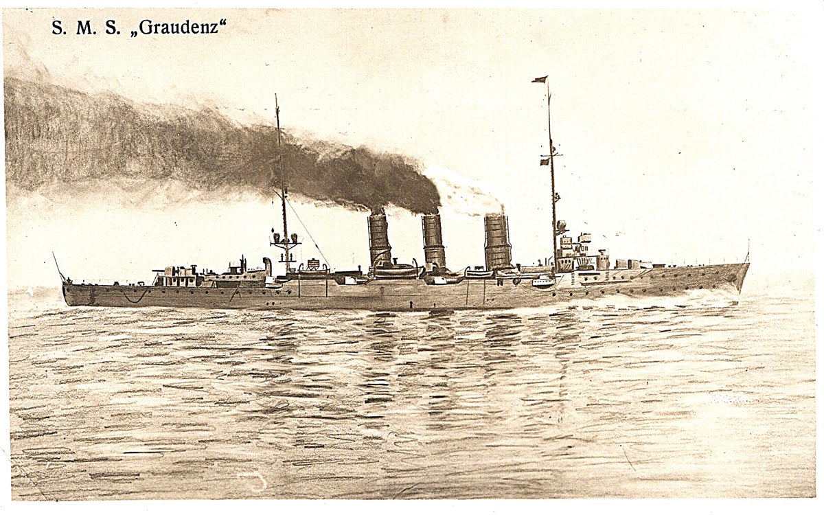 A postcard of the S.M.S. “Graudenz”, a light cruiser commissioned in 1914. After WWI, she would be awarded to Italy as war reparations and see service as the “Ancona” until 1937, at which time she was scrapped.