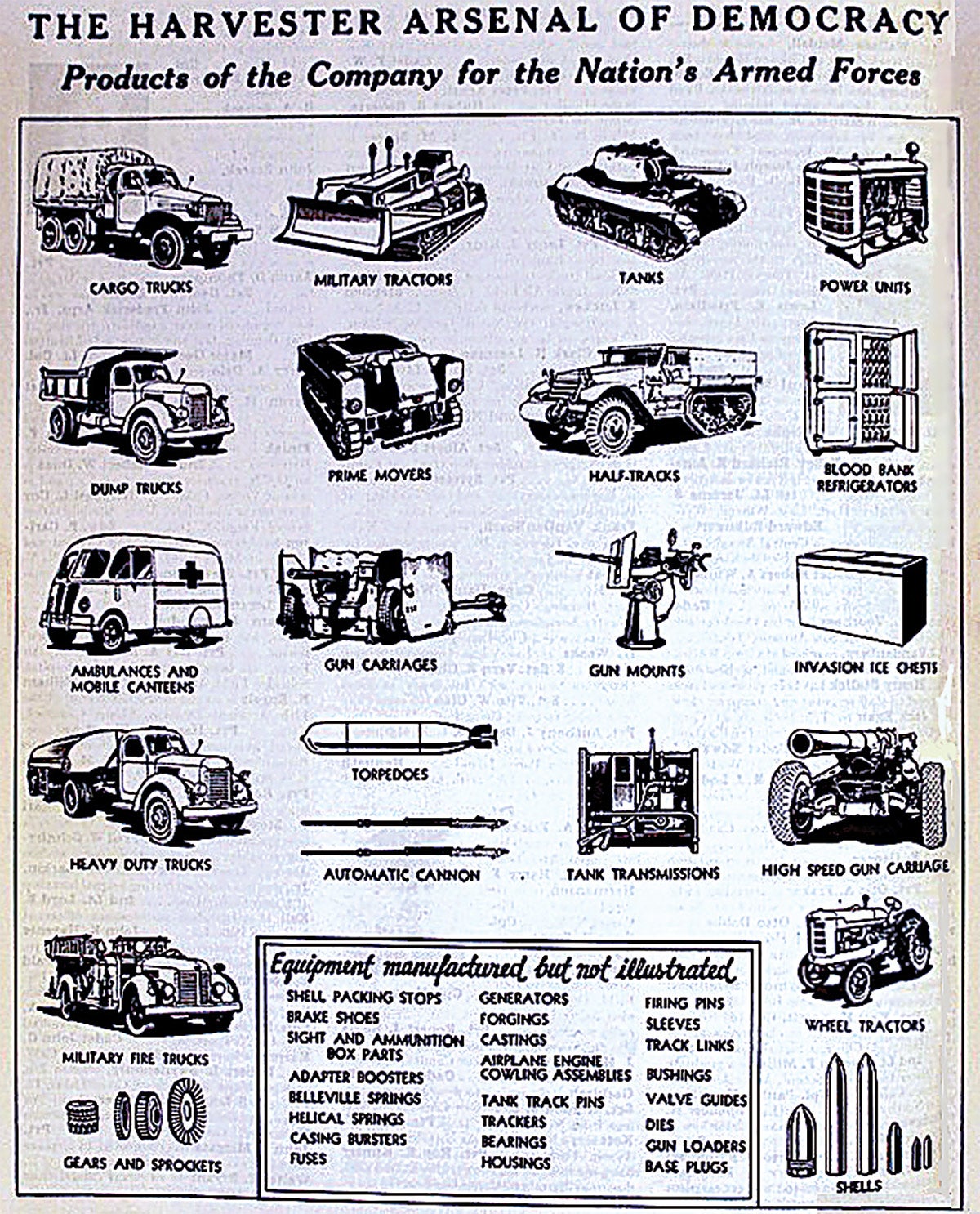 IHC’s contribution to the U.S. military’s arsenal during World War II consisted of vast and varied quantities of materials ranging from tractors to torpedoes and even ice chests. IHC also supplied large numbers of vehicles including ambulances, halftracks, prime movers, fire engines, civilian type and tactical cargo trucks.