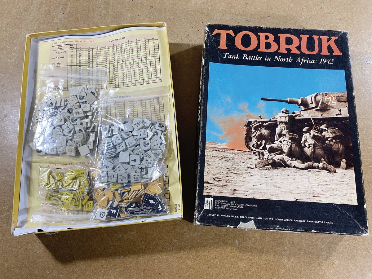 A first edition of “Tobruk” — note the black and white “AH” Avalon Hill label used on some of its early games.