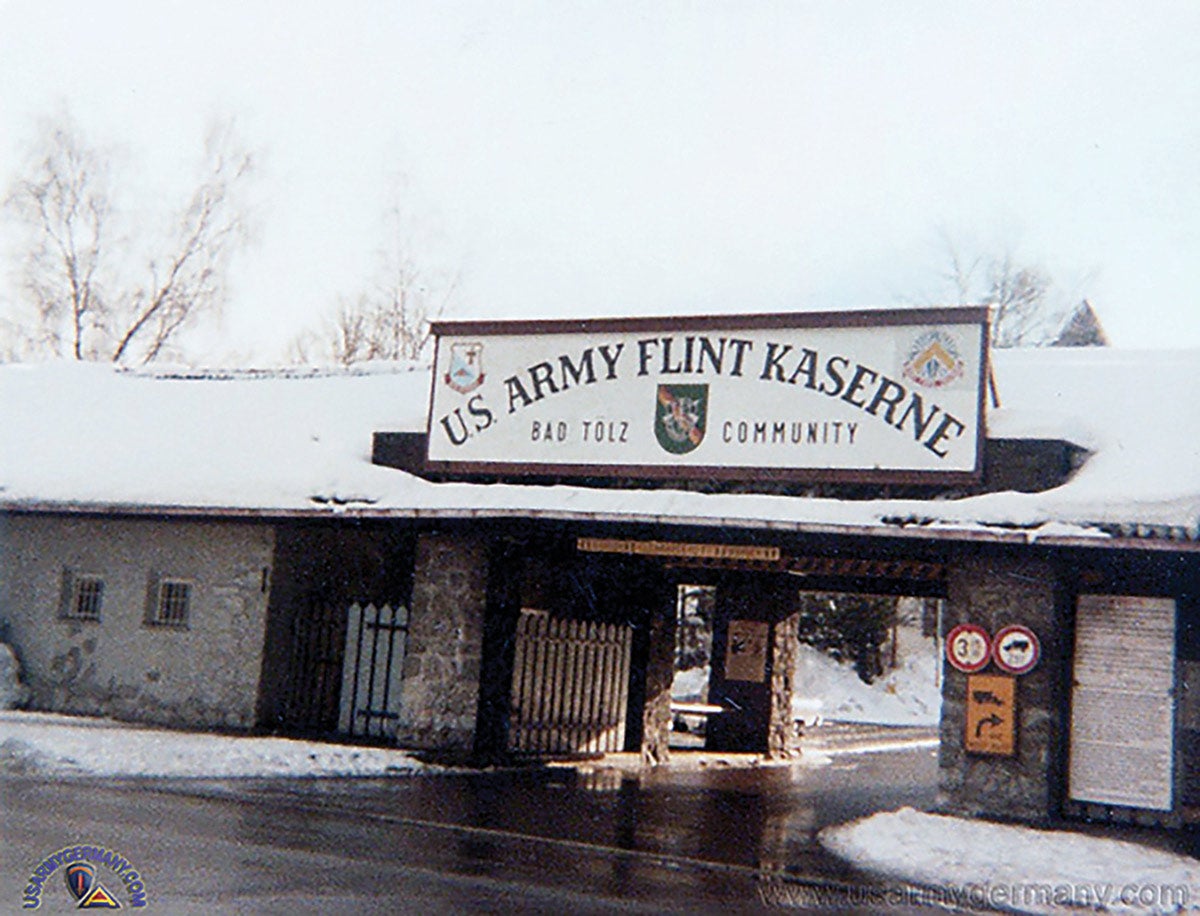 The gate to the headquarters and main barracks of the 10th SFG (A) at Flint Kaserne in Germany.