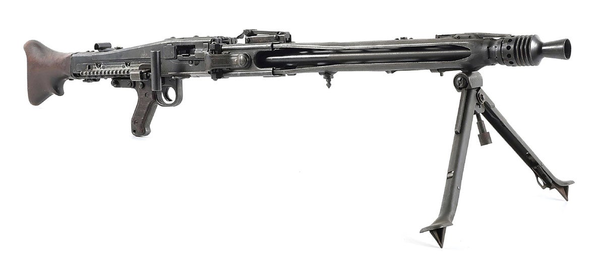 All-original Fully Transferable Maget World War II German MG42 full-auto-only machine gun dated 1943. Buttstock does not have retrofitted reinforcement wire, suggesting gun was captured in combat before this retrofit was fully implemented. Sold for $84,000 against an estimate of $50,000-$70,000