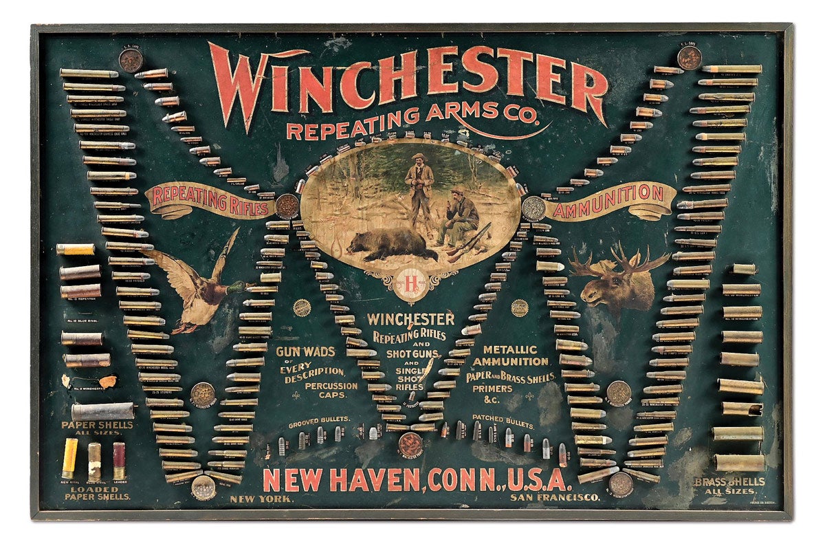 Winchester Repeating Arms Co., Double-W cartridge board, of a type distributed to dealers circa 1897. Numbered ‘245’ on verso. Display includes 200 shells, 13 bullets and 9 primer tins in an attractive arrangement. Size: 50½in x 33in. Sold for $41,820 against an estimate of $20,000-$30,000