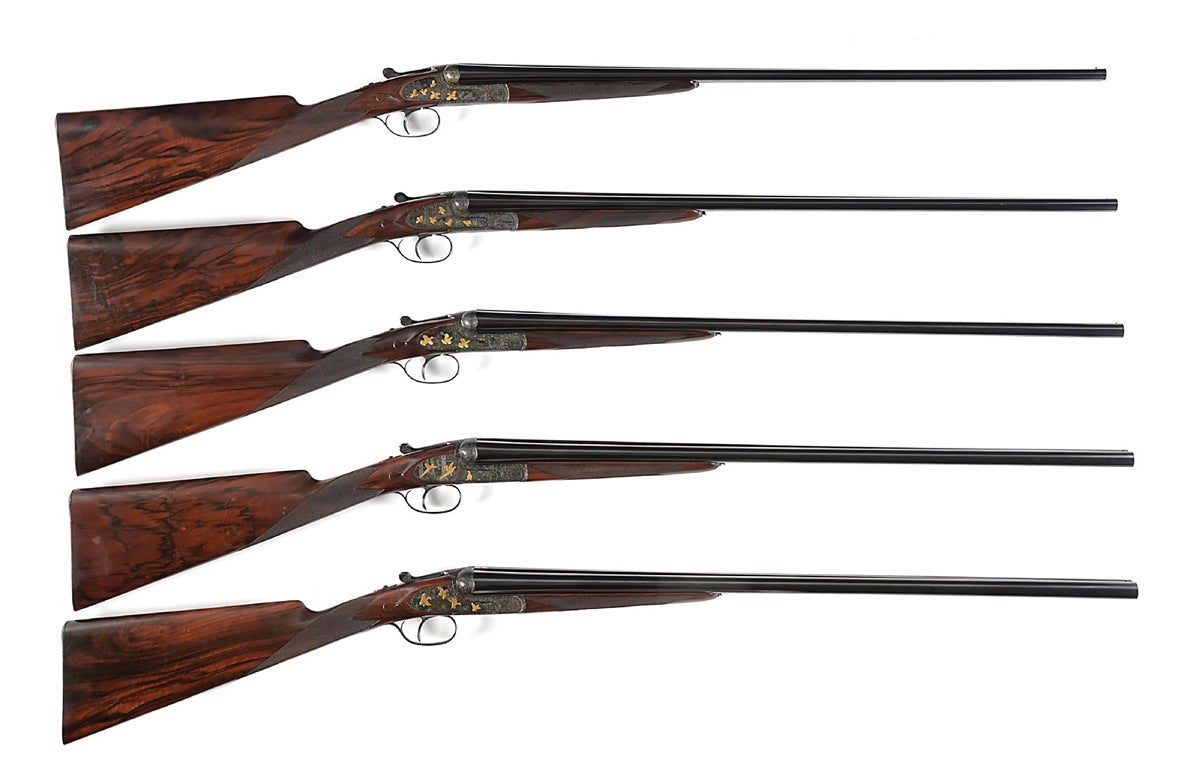 Set of five circa-1980 small-bore Francotte (Belgium) side-by-side ejector game shotguns with nominal 28in chopper lump barrels. Engraved skeleton butt plate. English stock and checkered wood. Barrels marked ‘AUG FRANCOTTE BREVETE A LIEGE’ and ‘MADE IN BELGIUM FOR BINGHAM LTD ATLANTA GEORGIA USA.’ Serial number engraved on bottom strap of each. Belgian proof marks. Each gun secured in individual maroon canvas case with maker’s label. Set sold for $78,000 against a $40,000-$60,000 estimate.