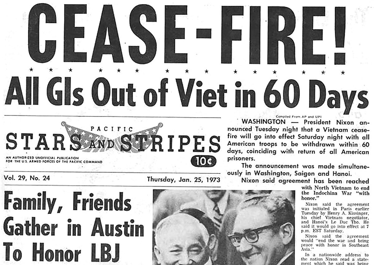 The US Armed Forces Stars and Stripes Newspaper announced the U.S. withdrawal from the Republic of Vietnam.