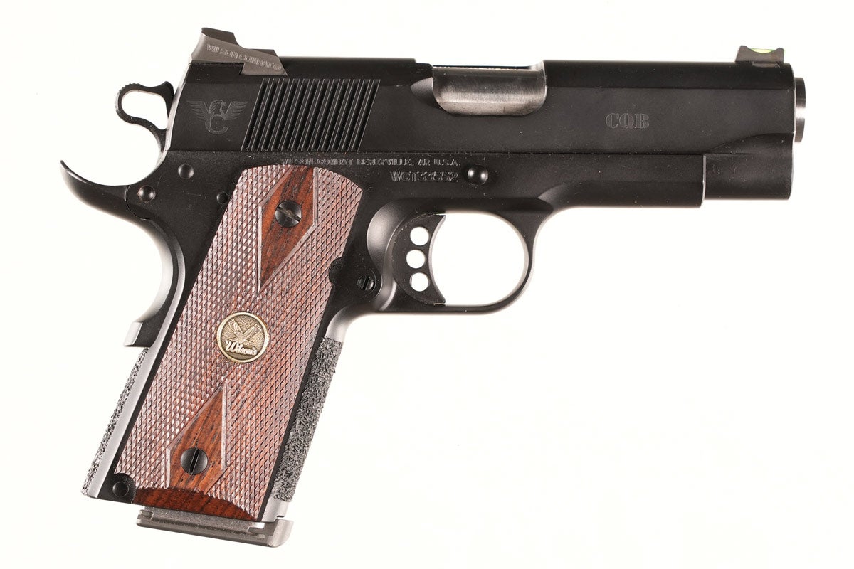Wilson Combat .45 ACP CQB pistol with 4” modern barrel. Serial Number WCT33552. Manufactured in the 2010s for use as a compact 1911 for close-quarters battle and defense. Excellent+ to like-new condition, likely test-fired only. Accompanied by factory soft case, factory build sheet and paperwork.