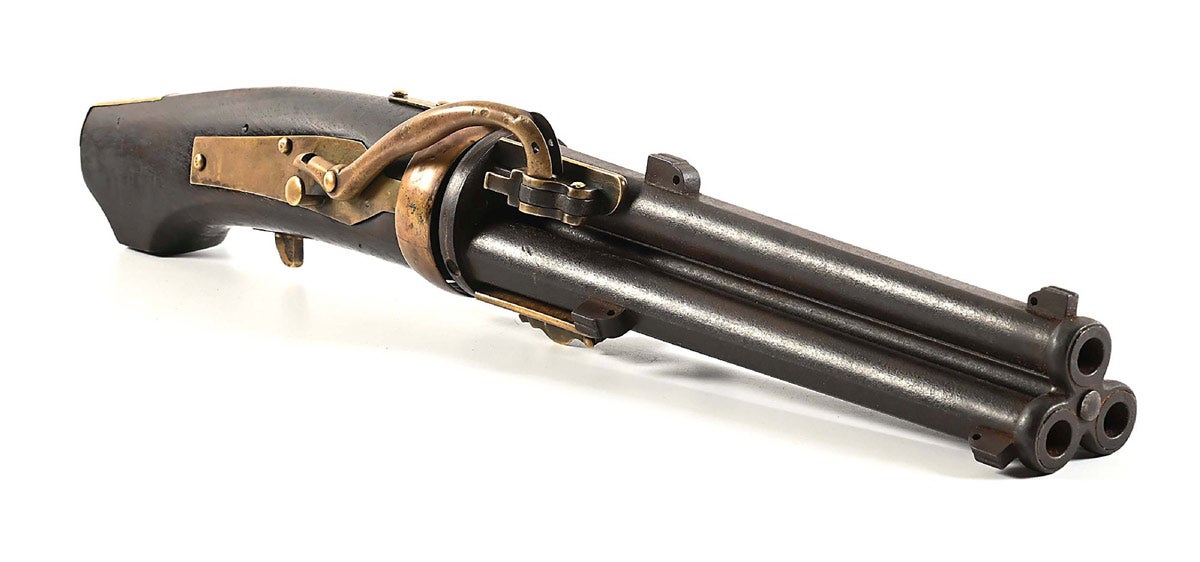 matchlock pistol, equivalent to a coach gun and nearly identical to two examples in ‘Stone's Glossary’ that were donated to the Metropolitan Museum of Art in New York. Morphy’s firearms expert noted in the catalog description that he is aware of fewer than five other guns of this type over and above those depicted in ‘Stone’s Glossary.’ Mechanically fine and extremely rare, it sold for $26,400 against an estimate of $10,000-$20,000